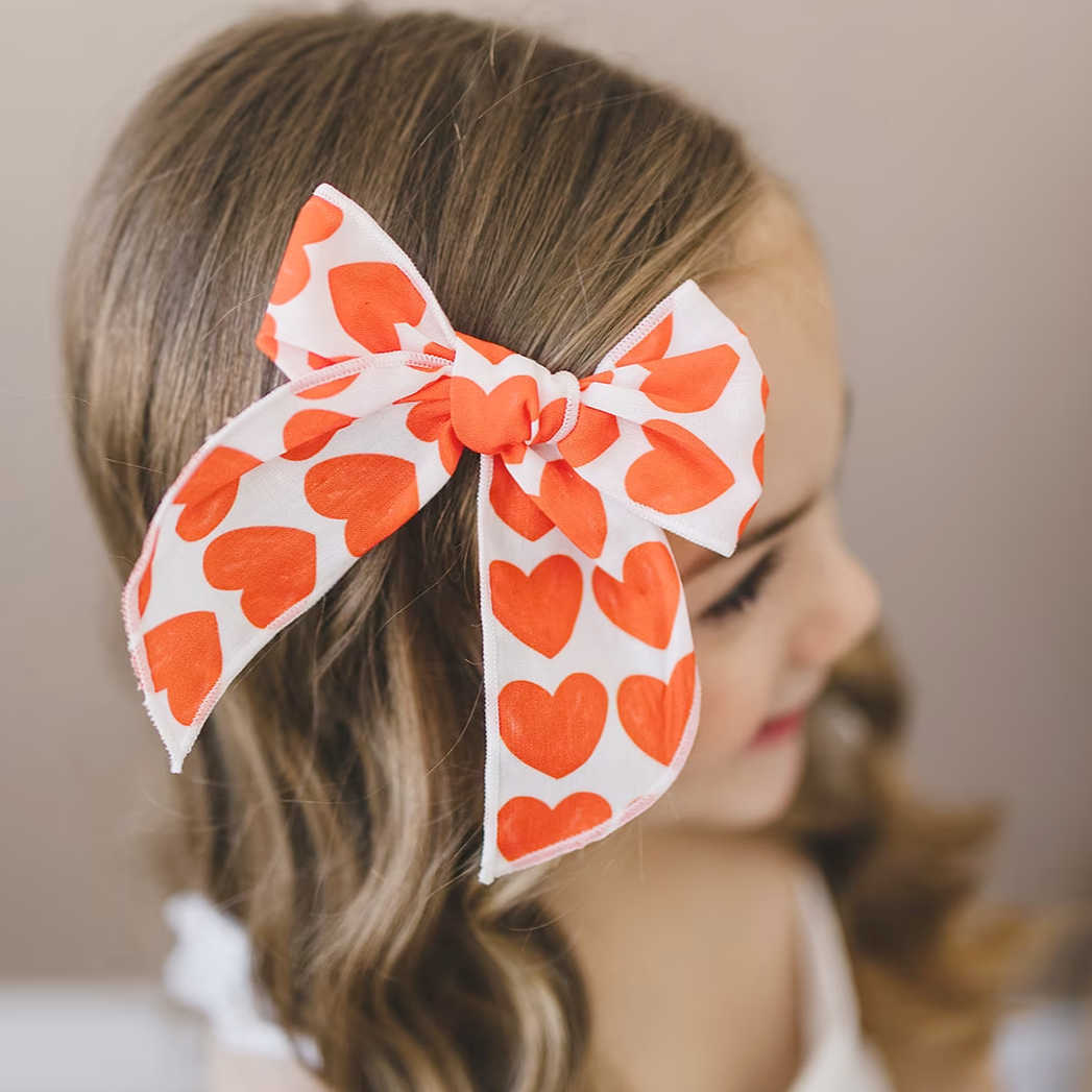 Ruby Red Valentine Heart Serged Cotton 4" Hair Bow