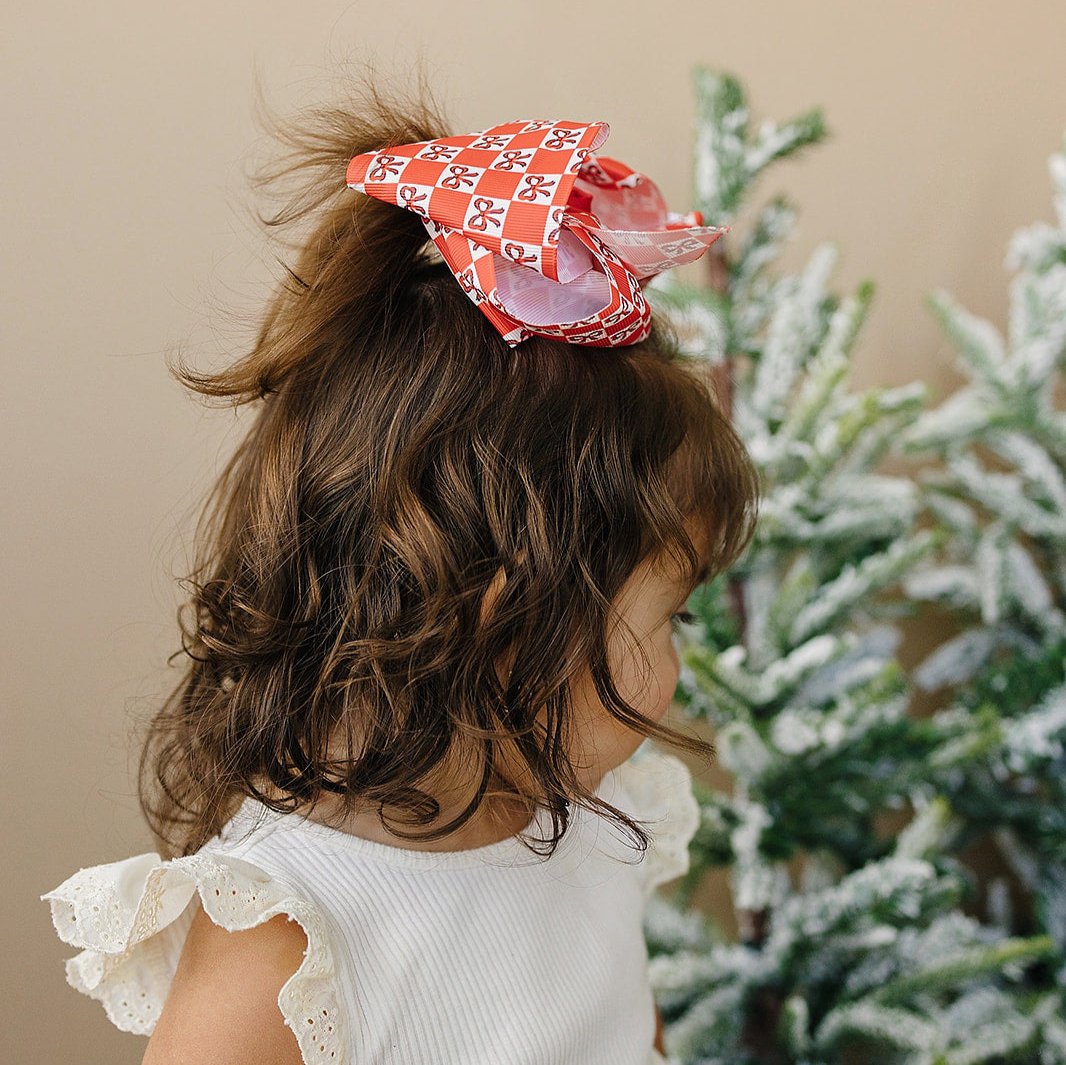 7" Red Checkered Grosgrain Hair Bow