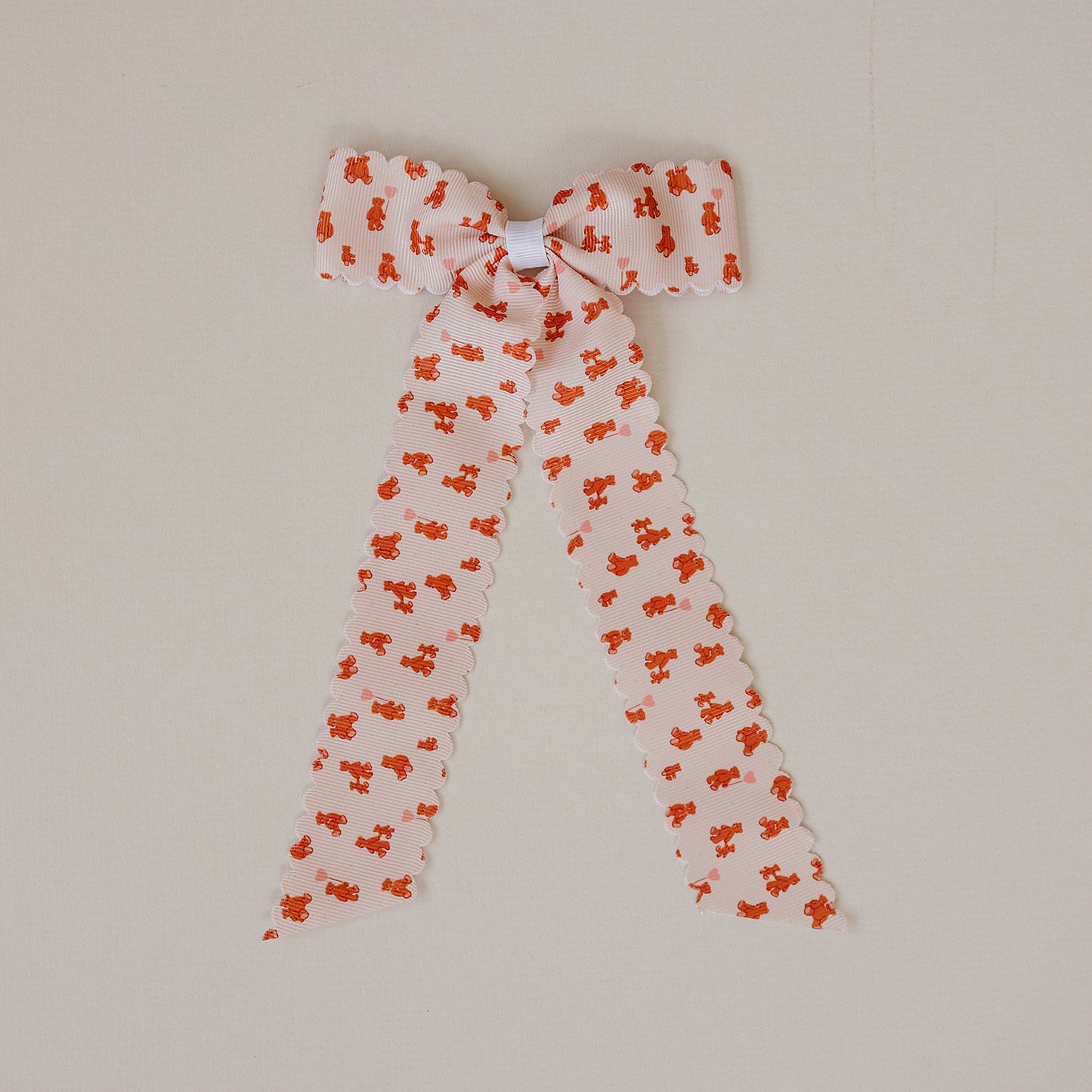 Teddy Bear Love Scallop Long Ribbon Bow