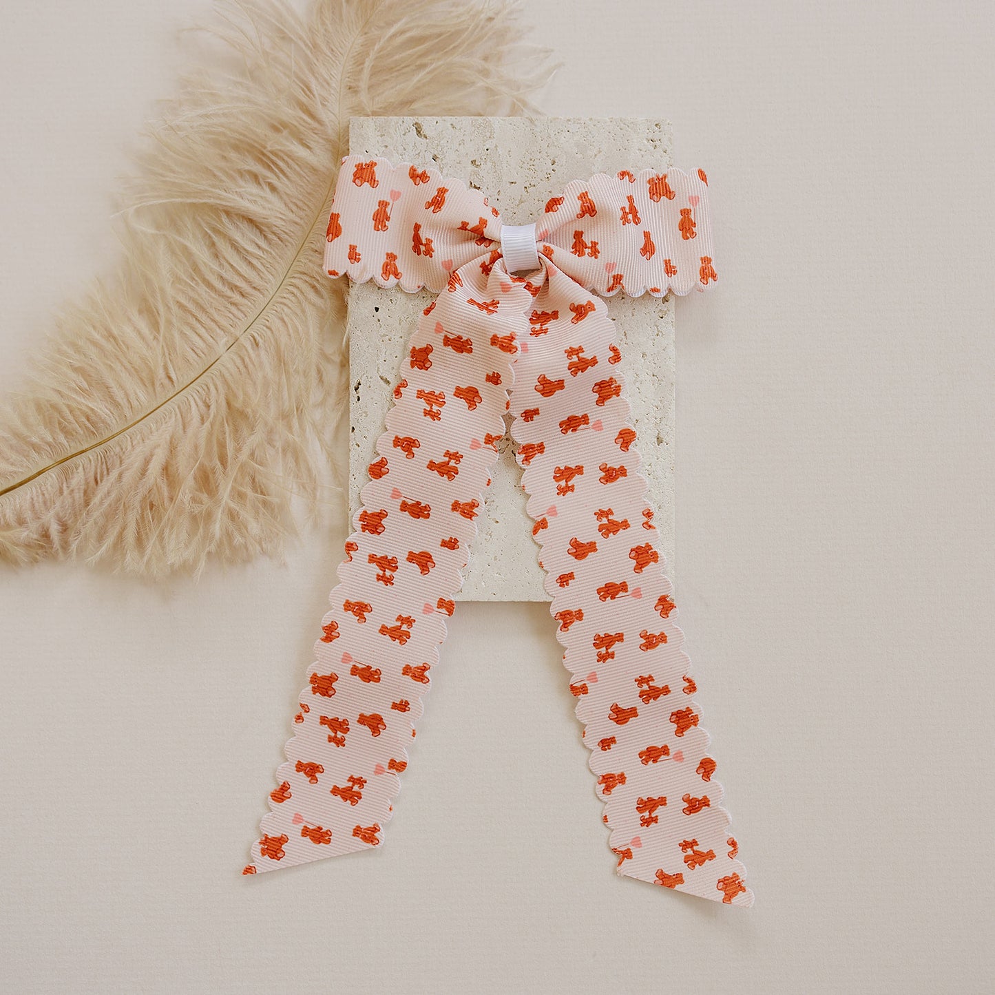 Teddy Bear Love Scallop Long Ribbon Bow