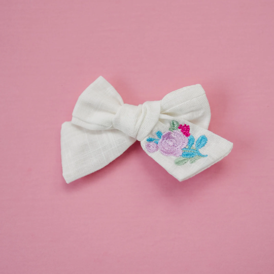 Small Bright Colorful Embroidered Linen Hair Bow