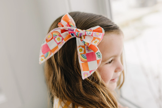Rainbow Happy Summer Colorful Checkered Print 4" Serged Cotton Hair Bow
