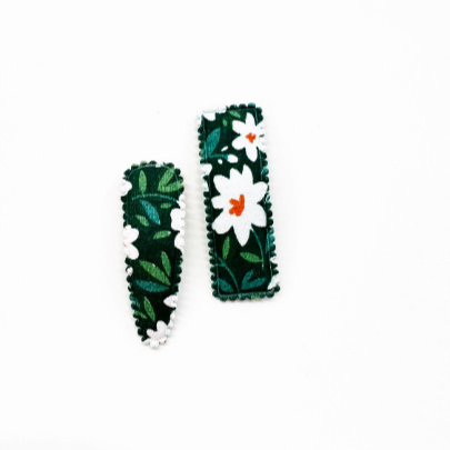 Green Floral Set of 2 Snap Hair Clips