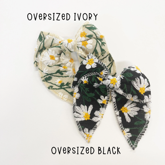 Embroidered Daisy Linen Hair Bows