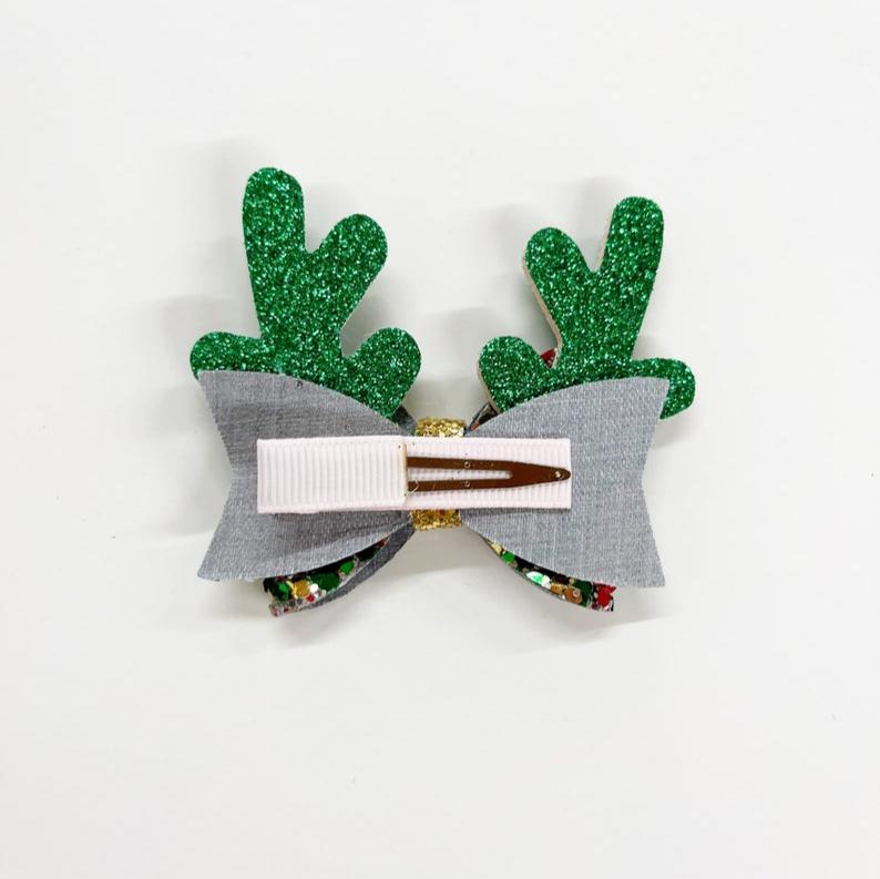 Green Glitter Reindeer Antler Bow