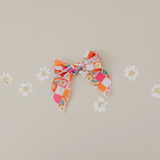 Rainbow Happy Summer Colorful Checkered Print 4" Serged Cotton Hair Bow