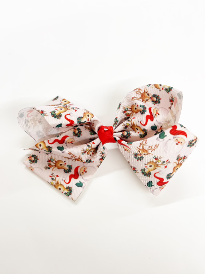 Vintage Santa and Reindeer 7” Grosgrain Hair Bow