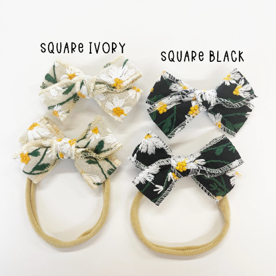 Embroidered Daisy Linen Hair Bows