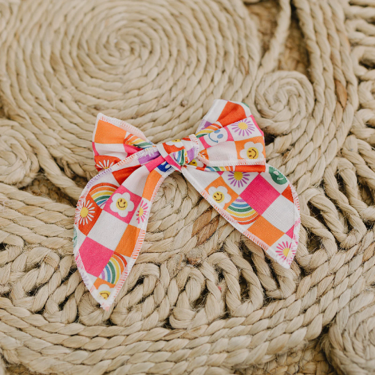 Rainbow Happy Summer Colorful Checkered Print 4" Serged Cotton Hair Bow