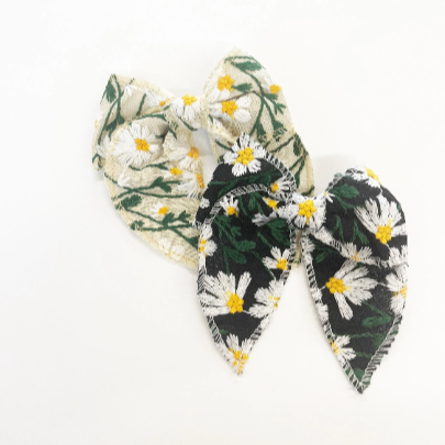 Embroidered Daisy Linen Hair Bows