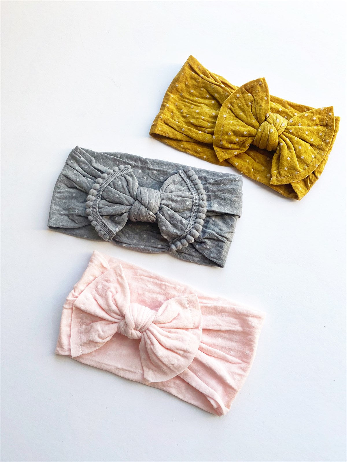 Blush, Gray, Blush Swiss Dot Pom Pom Nylon Headbands - Golden Dot Lane