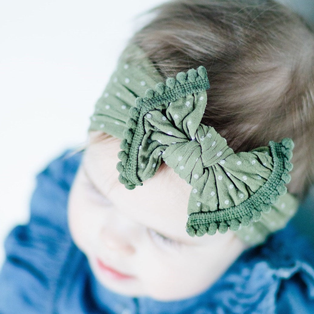 Baby Wearing Olive Swiss Dot Nylon Headbands - Golden Dot Lane