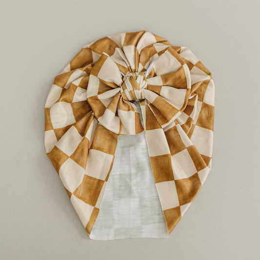 Trendy Neutral Checkered Messy Bow Baby Turban