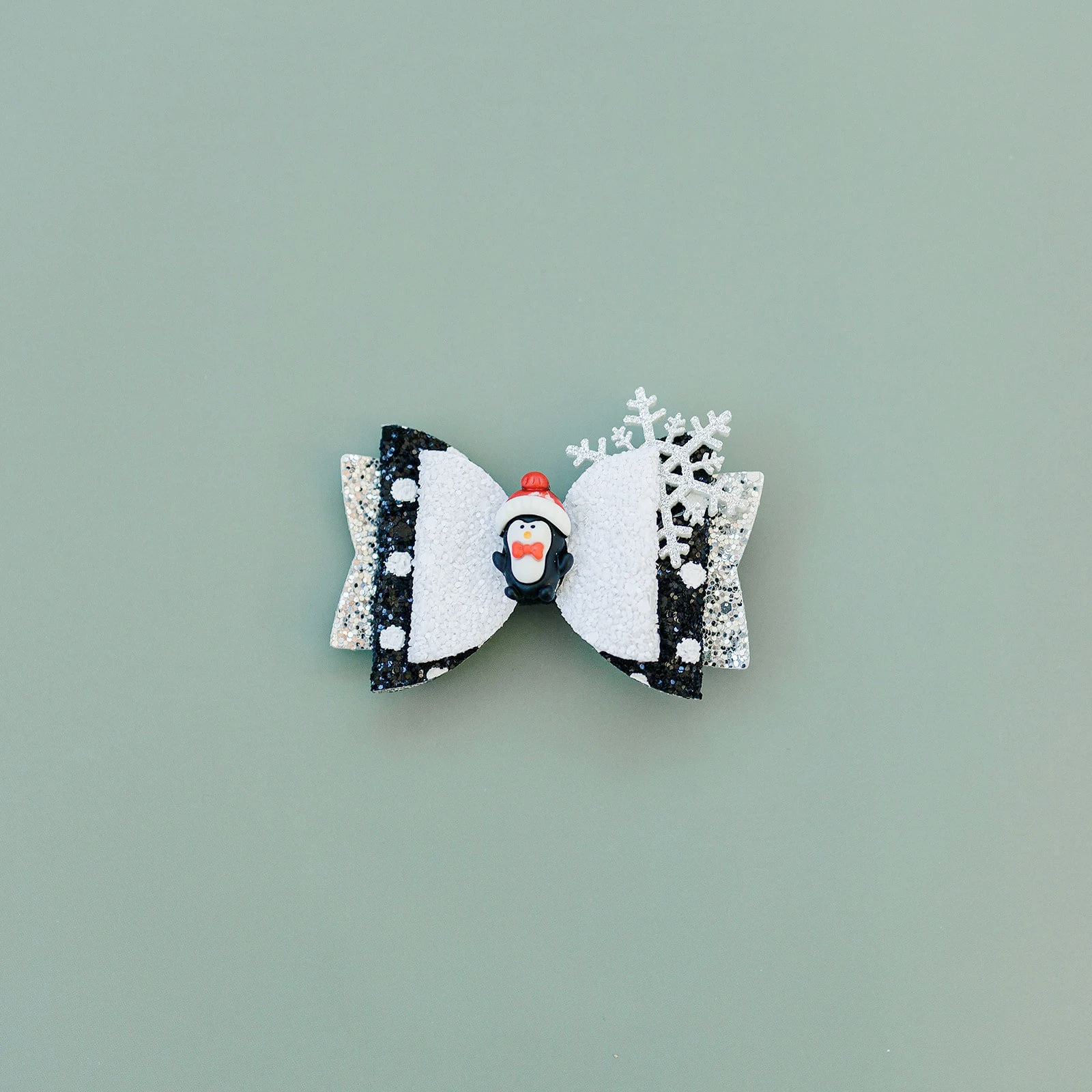 Black and White Glitter Glam Penguin Hair Bow
