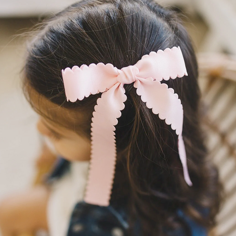 Elegant Scalloped Long Ribbon Hair Bow Clips