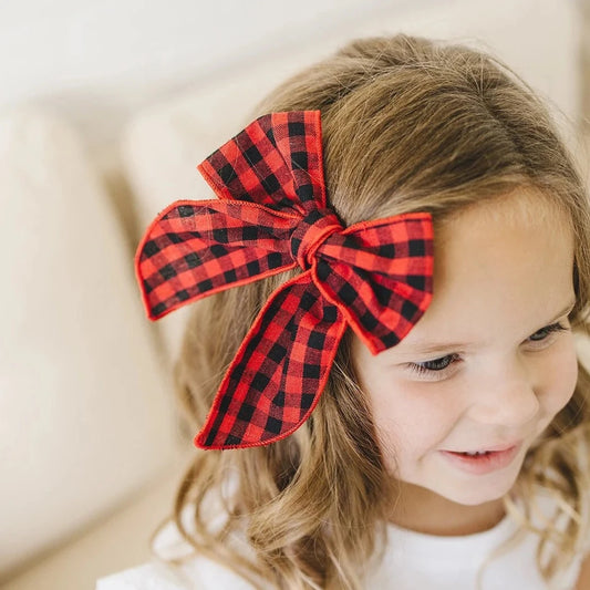 Red Buffalo Plaid Girls Linen Hair Bow 5.5"