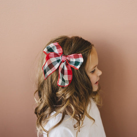 Large Christmas Plaid Linen Hair Bow 5.5"