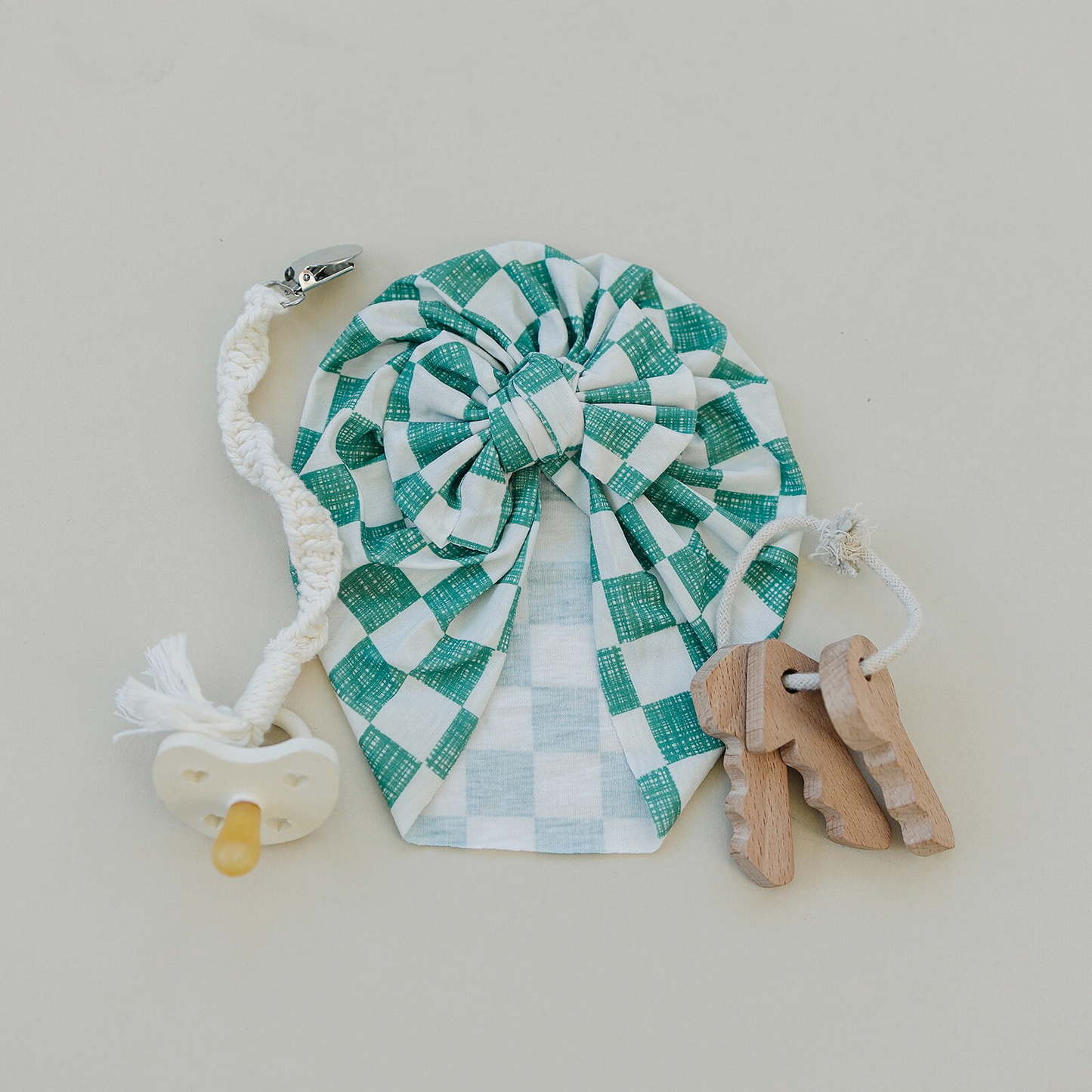 Sage Checkered Baby Bow Turban