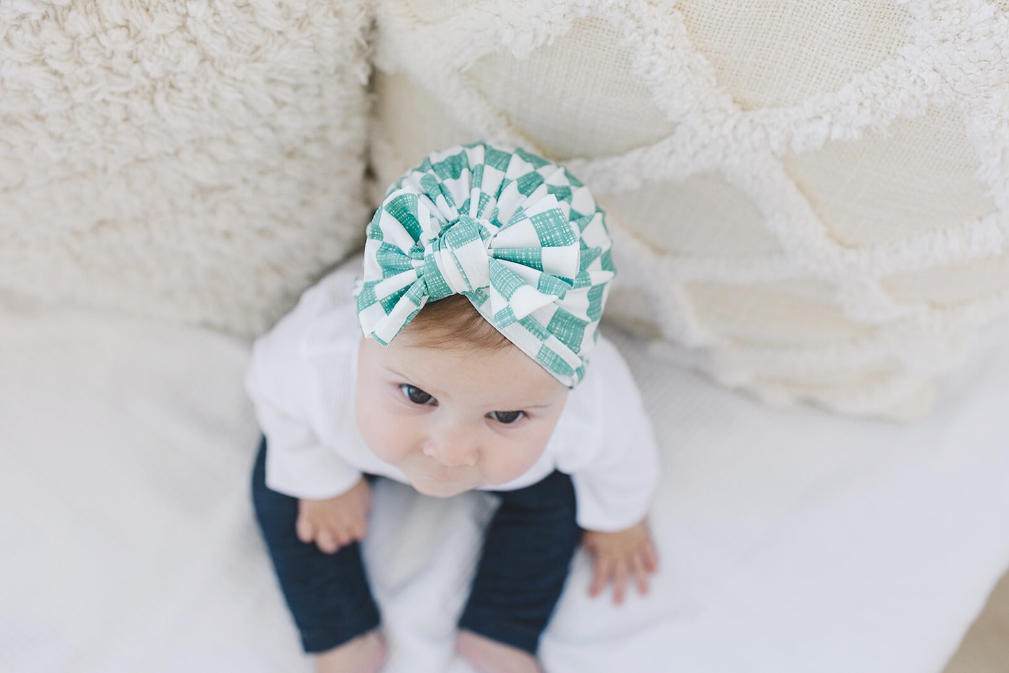 Sage Checkered Baby Bow Turban