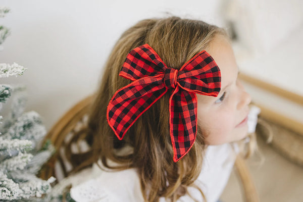 Red Buffalo Plaid Girls Linen Hair Bow 5.5"