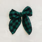 Green Check Holiday Plaid Linen Hair Bow 5.5"