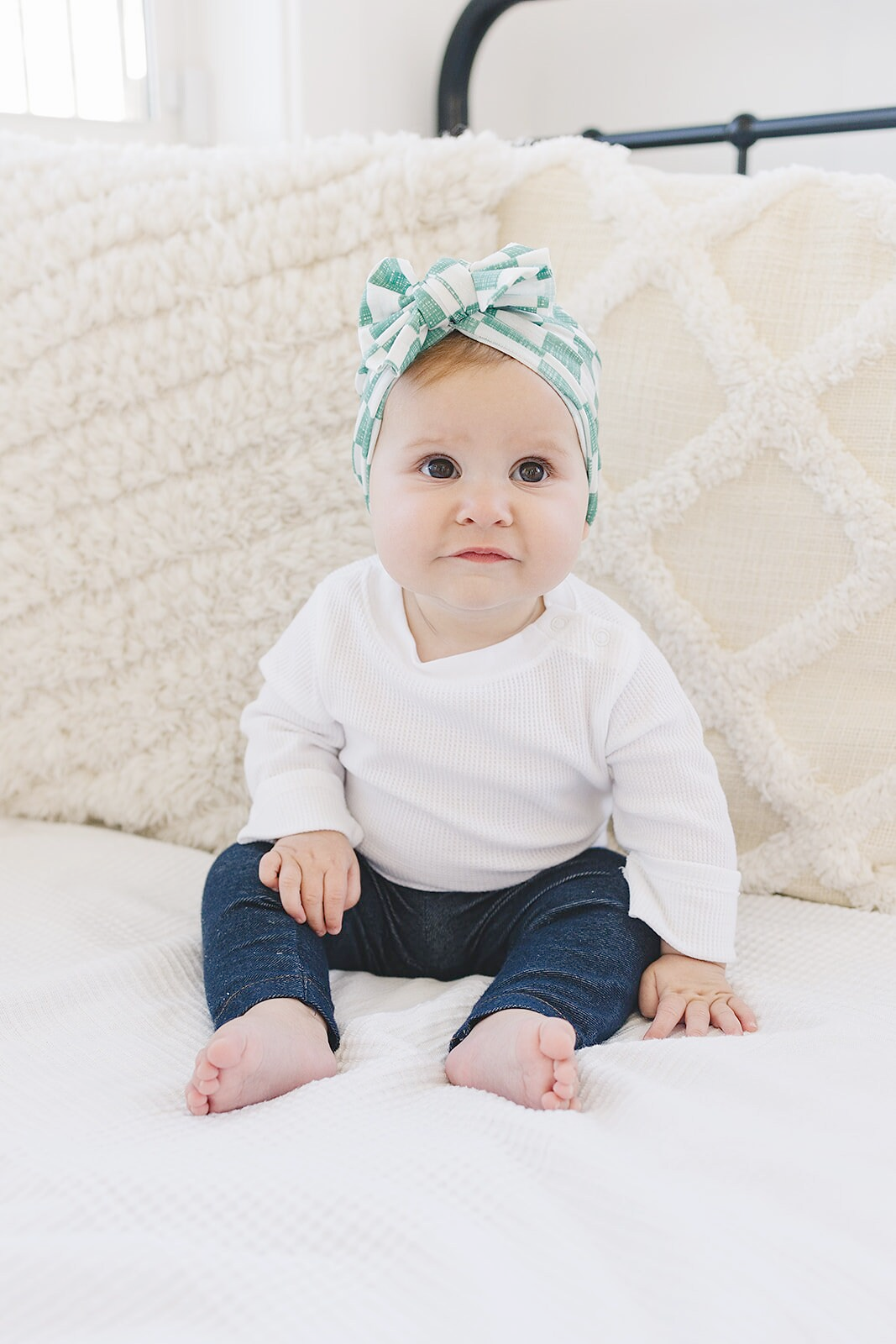 Sage Checkered Baby Bow Turban