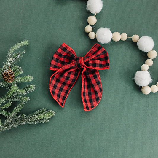 Red Buffalo Plaid Girls Linen Hair Bow 5.5"