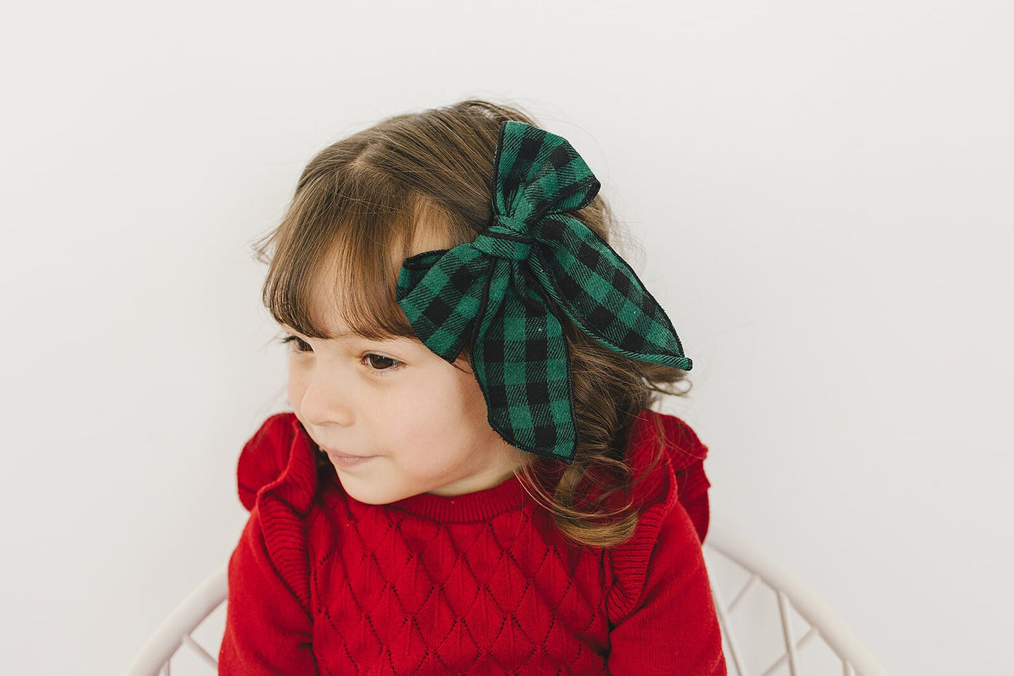 Green Check Holiday Plaid Linen Hair Bow 5.5"