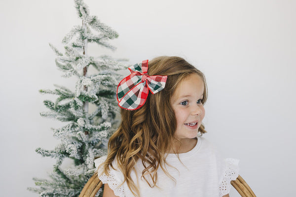 Large Christmas Plaid Linen Hair Bow 5.5"