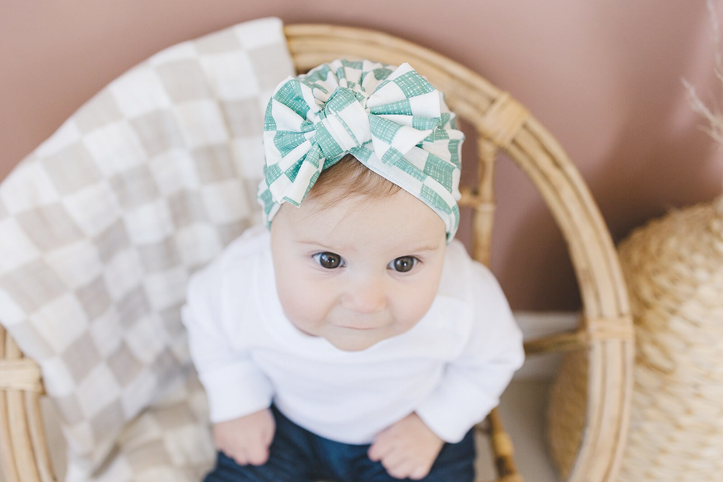 Sage Checkered Baby Bow Turban