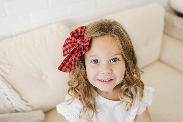 Red Buffalo Plaid Girls Linen Hair Bow 5.5"