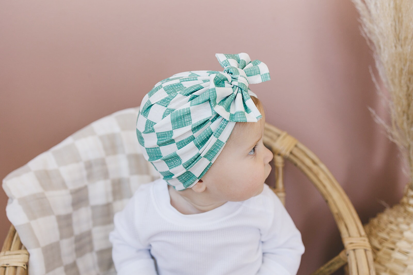 Sage Checkered Baby Bow Turban