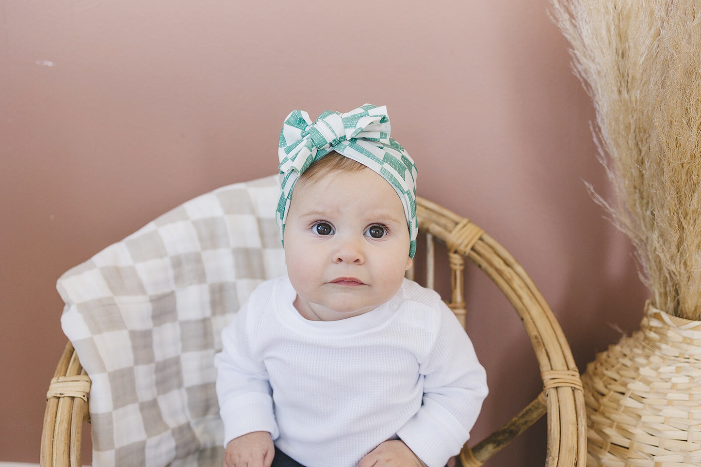 Sage Checkered Baby Bow Turban