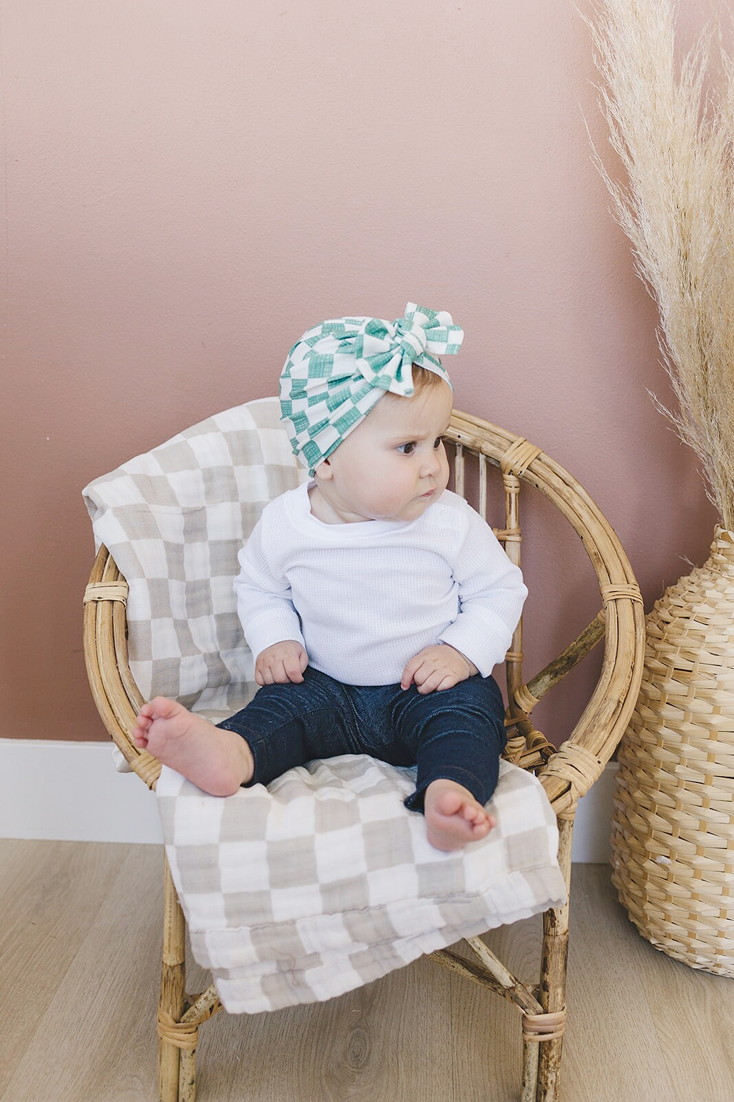 Sage Checkered Baby Bow Turban