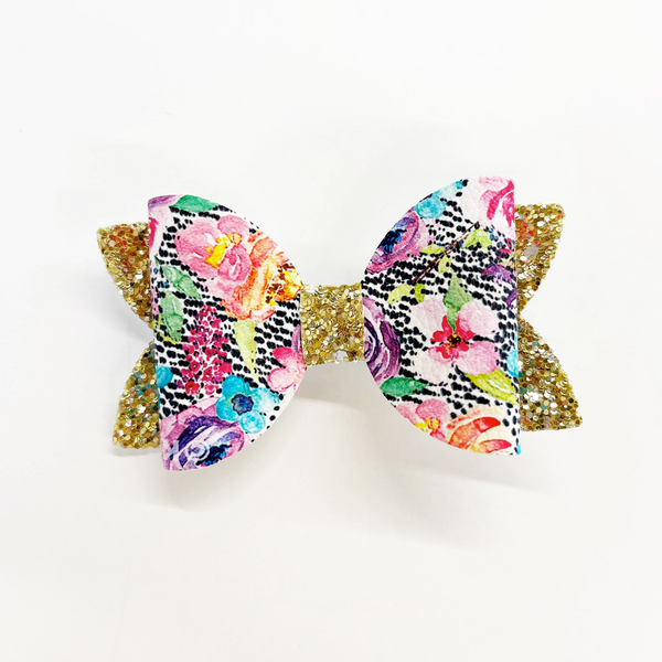 3.5” Glitter Floral Faux Leather Bow