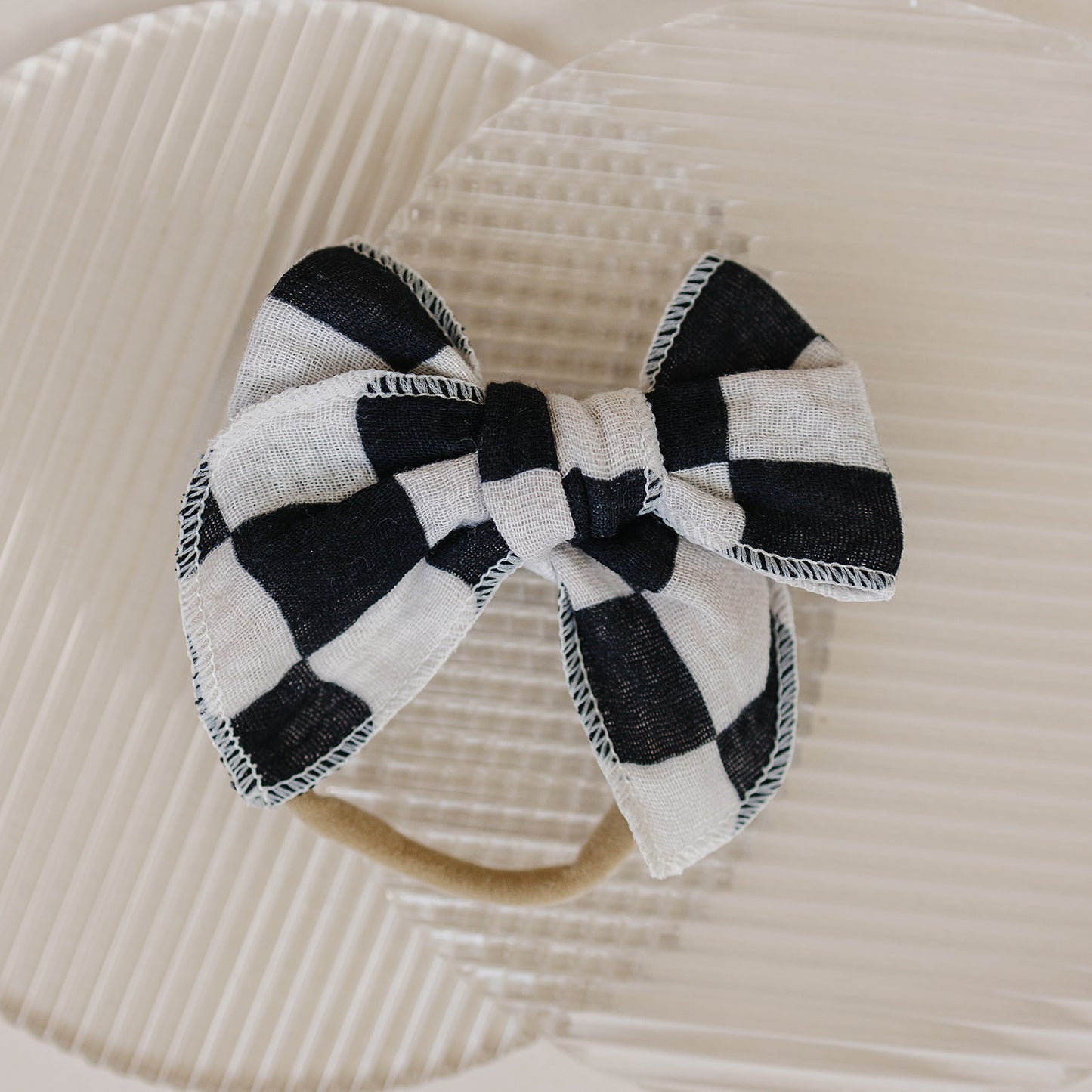 Black and White Checkered Serged Gauze Bow