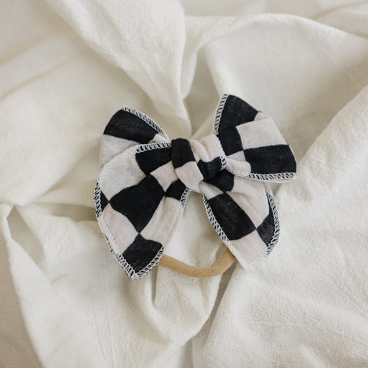 Black and White Checkered Serged Gauze Bow