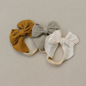Set of 3 Neutral Gauze Linen Baby Bow Headbands