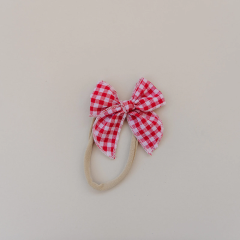 Red and White Gingham 4th Of July Linen Hair Bow