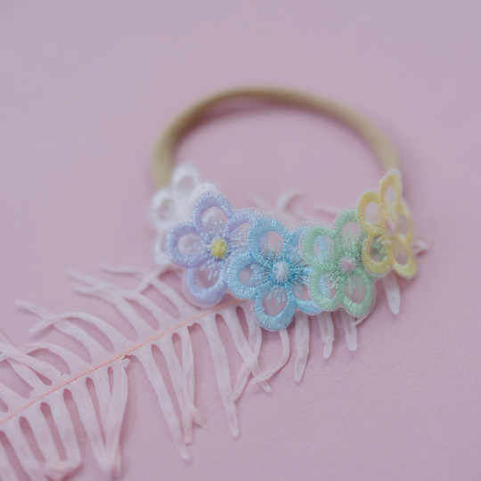 Pastel Rainbow Embroidered Flowers Nylon Headband