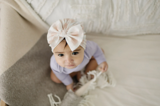 Spring Neutral and Ivory Gingham Messy Bow Baby Turban
