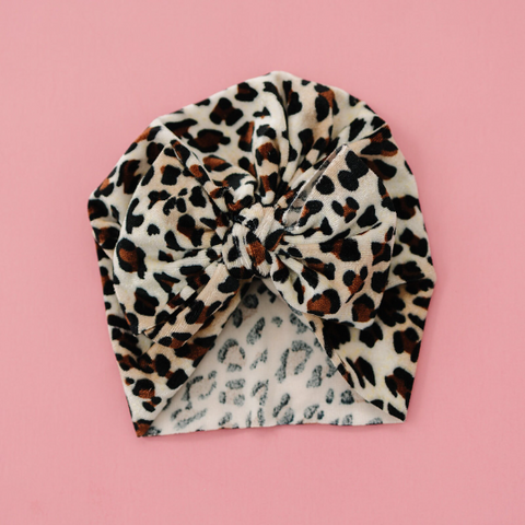 Velvet Cheetah Print Floppy Bow Baby Turban