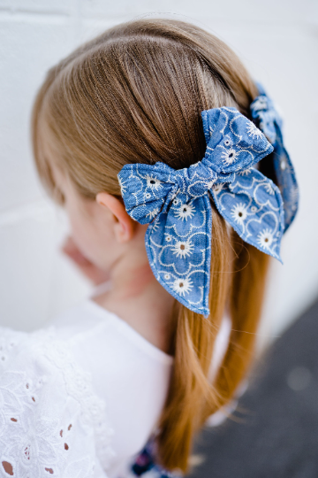 5" Embroidered Retro Floral Denim Bow Hair Clips