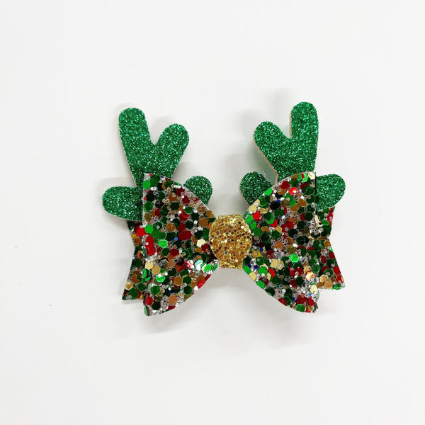 Green Glitter Reindeer Antler Bow