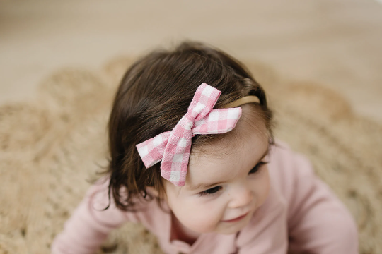 3.5" Skinny Pink Gingham Cotton Bow