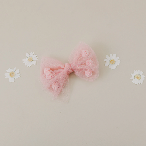 Blush Sparkle Pom Pom Girls Tulle Hair Bow Clip
