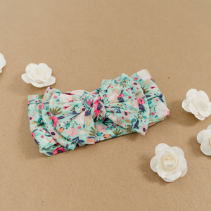 Trendy Teal Floral Double Bow Nylon Headband