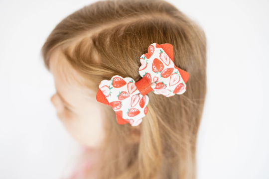 4" Summer Sliced Strawberries Faux Leather Hair Bow Clip
