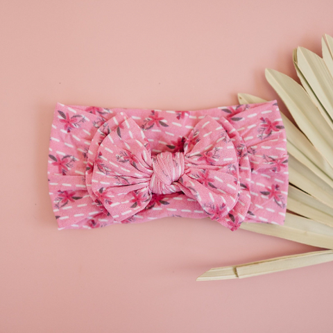 Coral Floral Dash Stripe Double Bow Nylon Headband