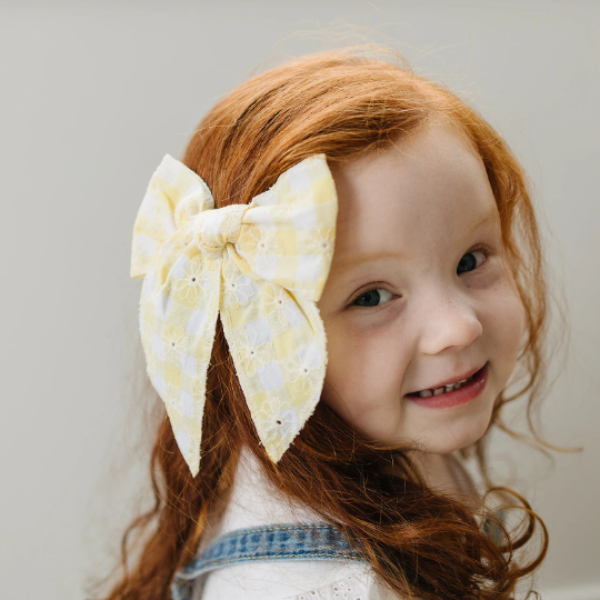 Large Gingham Embroidered Daisy Linen Hair Bow